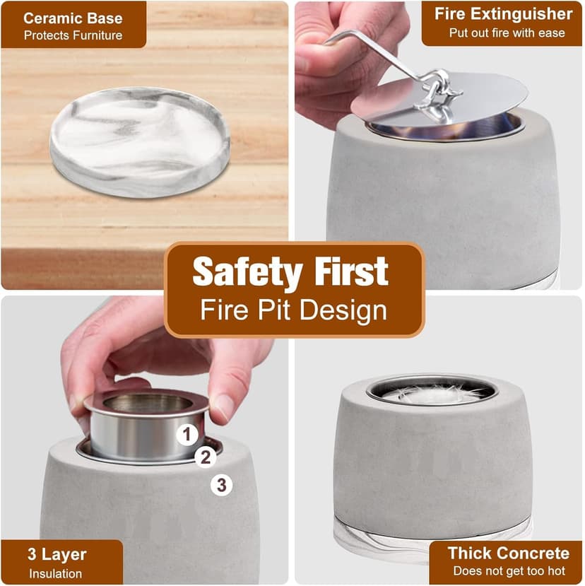 Concrete Tabletop Fire Pit with ASTM Certified, Table Top Portable Rubbing Alcohol Fireplace Indoor Outdoor Decor Long Time, White
