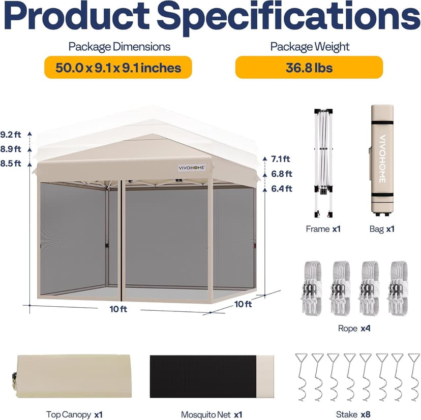 VIVOHOME 10x10ft Easy Pop-Up Canopy, Outdoor Screen Tent with Mosquito Netting, 2 Zipper Doors, and Roller Bag for Yard Camping Picnic Party Events, Beige
