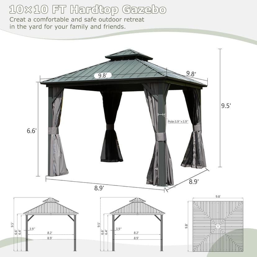Domi 10' x 10' Hardtop Gazebo Outdoor Metal Gazebo with Galvanized Steel Double Roof Canopy, Curtains and Netting for Patio, Backyard, Deck, Lawn, Grey