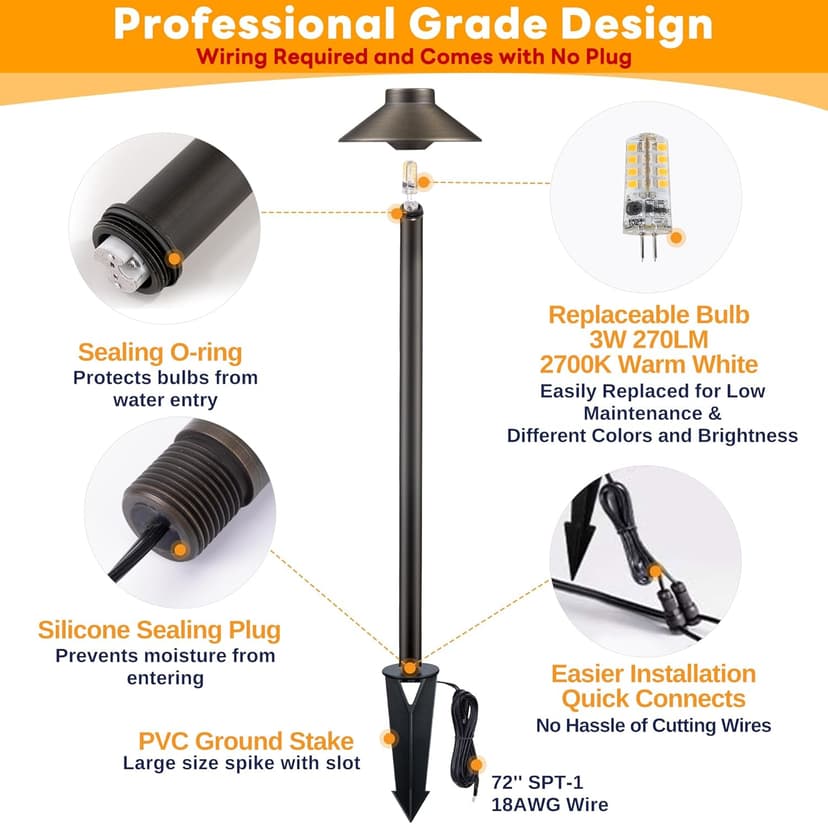 Brass Low Voltage Landscape Lighting - 12V LED Path Lights IP65 Waterproof, Hard-Wired Pathway Light Bronze for Outside Walkway Garden with 3W 2700K Warm White G4 Replaceable Bulb (6 Pack)