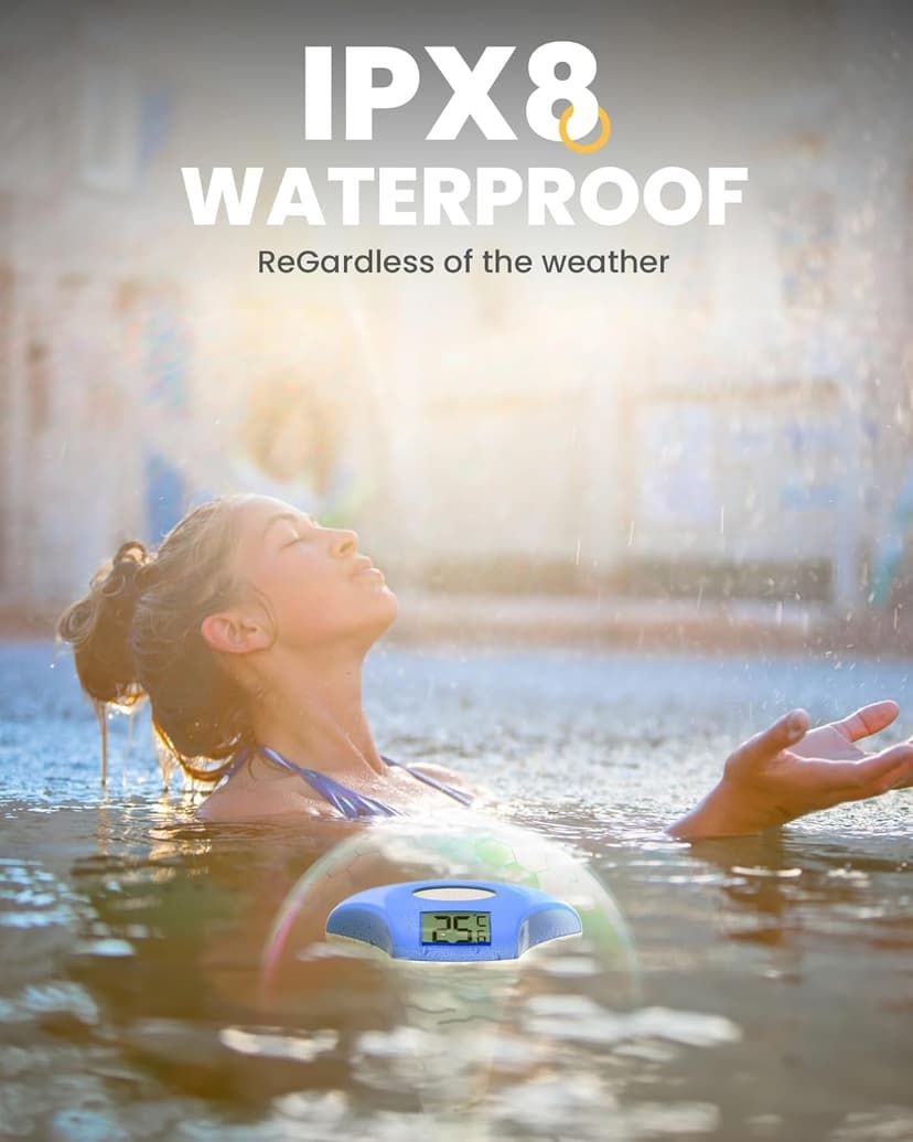 Solar Digital Pool & Spa Thermometer, Weather Resistant Floating Thermometer, IPX-8 Water Proof, 10s Measuring Cycle, Solar Powered with Over 180 Days Battery Life