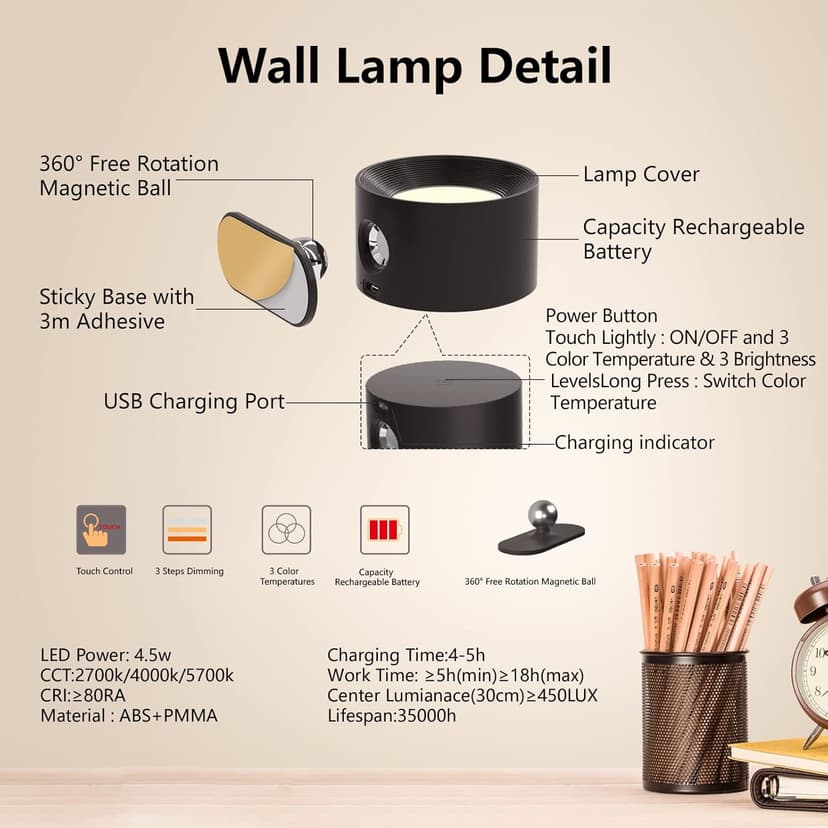 LED Wall Sconce, Wall Mounted Lamp with Rechargeable Battery Operated USB Port 3 Color Temperature & 3 Brightness Level 360°Rotate Magnetic Ball, Cordless Light for Reading Study Bedside