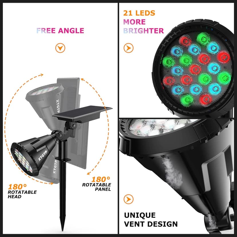 Solar Color Spot Lights Outdoor,21 LEDs Color Changing Solar Outdoor Lights,IP67 Waterproof RGB Multicolor Yard Solar Spotlights Auto On/Off for Pathway Garden Pool Patio Tree,2 Pack