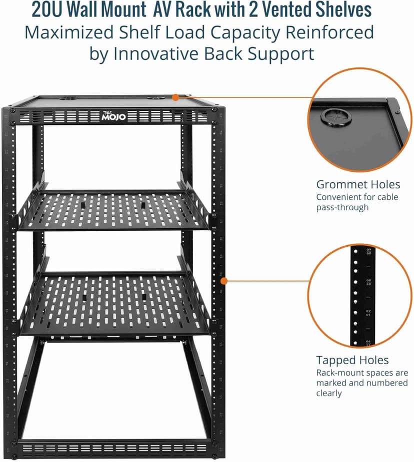 Tecmojo 20U Open Frame Network Rack for IT & AV Gear, Black, Alloy Steel, Rack Mount, Wall Floor Mount, Compatible with Networking Devices, Servers, IT Equipment
