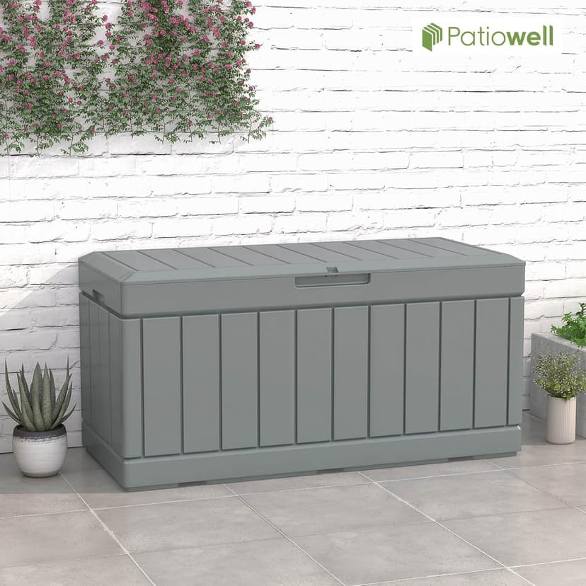 Patiowell 82 Gallon Resin Deck Box, Waterproof Large Wood Look Storage Box for Patio Furniture, Pool Accessories, Garden Tools and Sports Equipment, Lockable, Grey