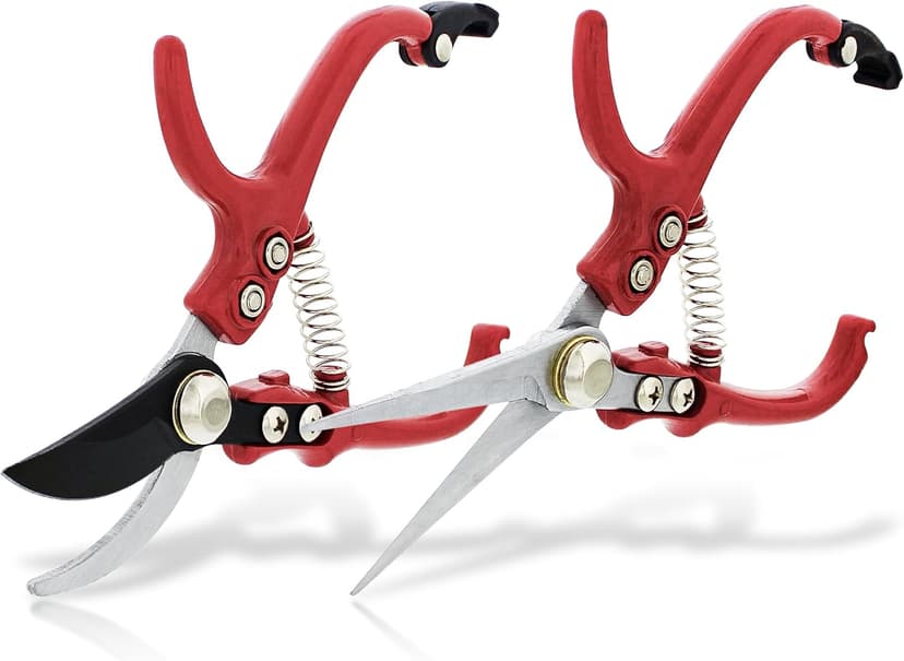7Penn Garden Pruning Shears - 2pc Straight and Curved Sharp Blade Gardening Hand Tools with Red Ergonomic Grip Handles