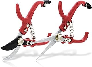 7Penn Garden Pruning Shears - 2pc Straight and Curved Sharp Blade Gardening Hand Tools with Red Ergonomic Grip Handles