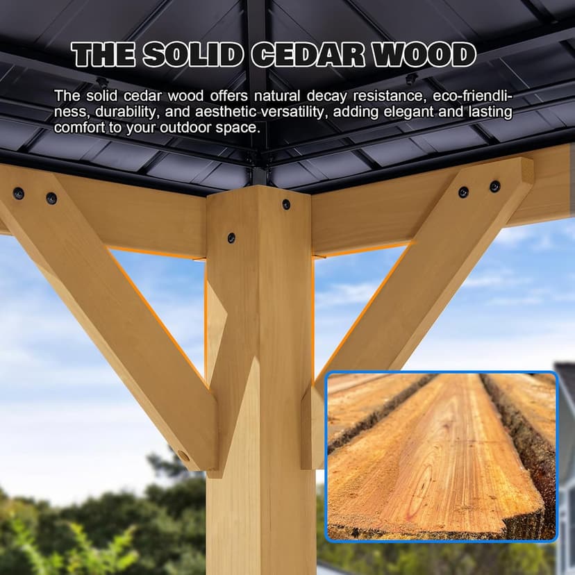 StarEcho 10'x12' Wooden Hardtop Gazebo,Wood Heavy Duty Solid Cedar Gazebos with Mosquito Netting and Waterproof Curtains,Outdoor Metal Canopy for Backyard,Lawn, Garden, Deck