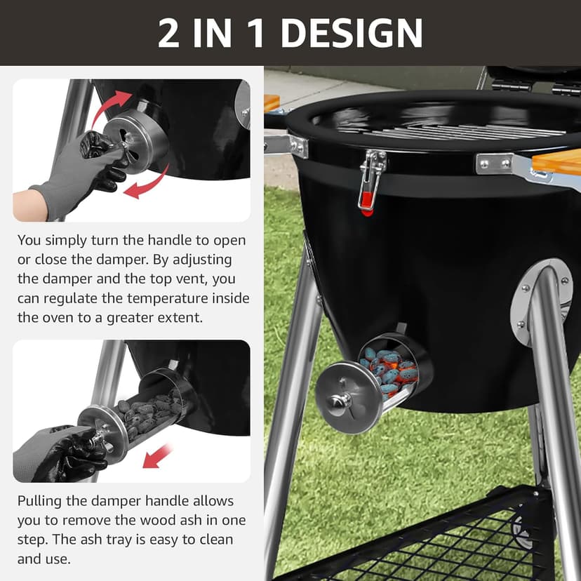 Large Kamado Charcoal Grill, Charcoal Grill with Smoker and Locking Lid, Kamado Charcoal Grill with Side Tray, Easy to Move and Clean, 18 Inches Large Charcoal Grills for Outdoor Cooking