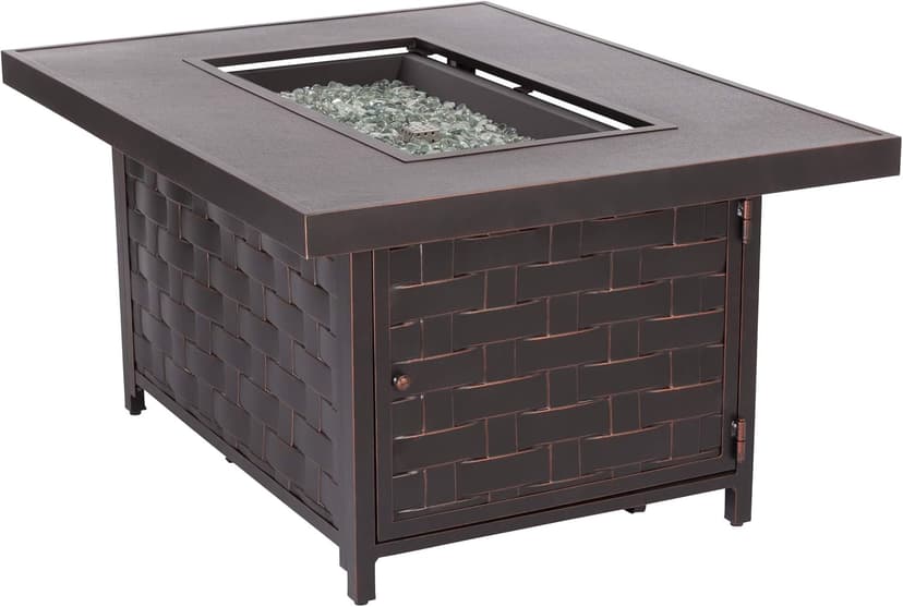 Fire Sense 62745 Armstrong Basketweave Aluminum Convertible Gas Fire Pit Table 55000 BTU Multi-Functional Outdoor Firepit with Fire Bowl Lid, Nylon Cover Clear Fire Glass Bronze Finish - Rectangular