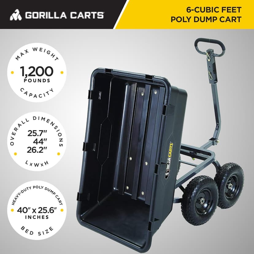 Gorilla Carts Heavy Duty Poly Utility Dump Wagon Garden Cart w/Pneumatic Tires, 6 Cu Ft - 1200 lb Capacity Outdoor Wheelbarrow for Yard, Landscaping & Gardening, Lawn Tractor or ATV Towable