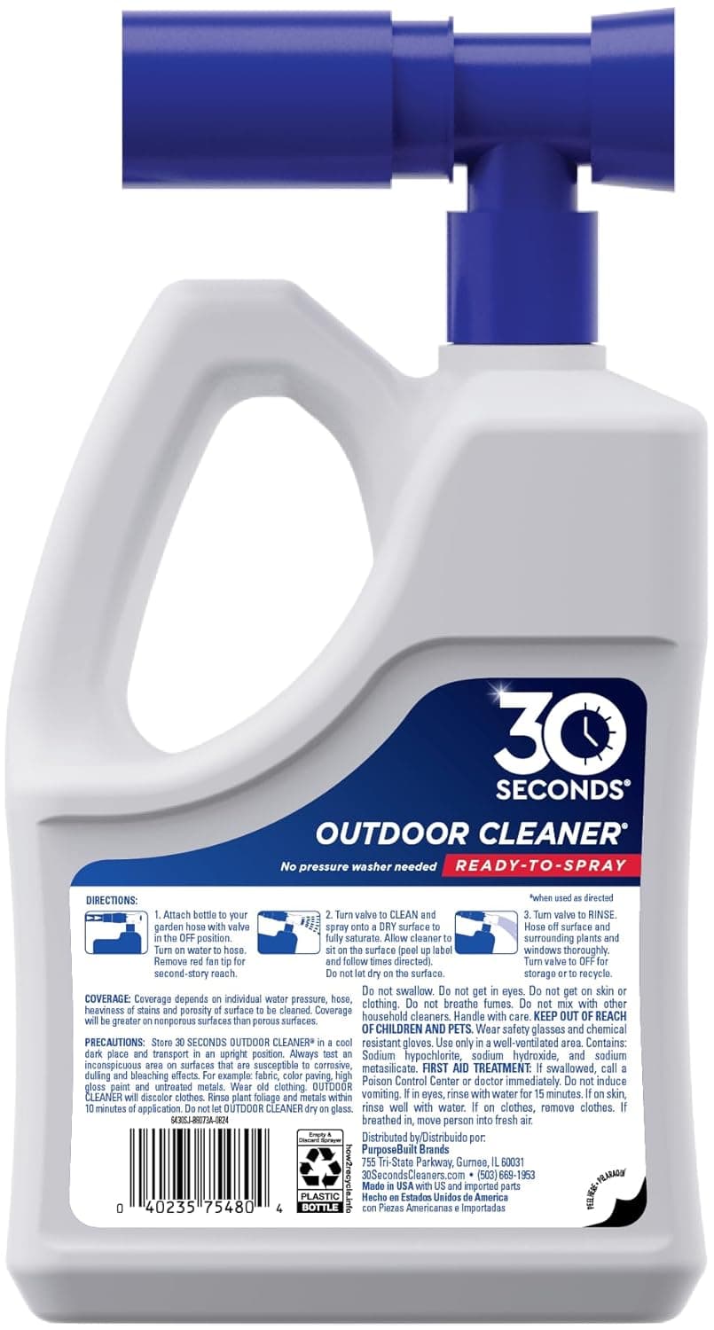 30 Seconds Outdoor Cleaner | Cleans Moss & Algae Stains from House, Vinyl Siding, Deck, Patio, Fence - 3 Capped Bottles, 1 Hose End Spray Attachment (64 Fl Oz (Pack of 3)