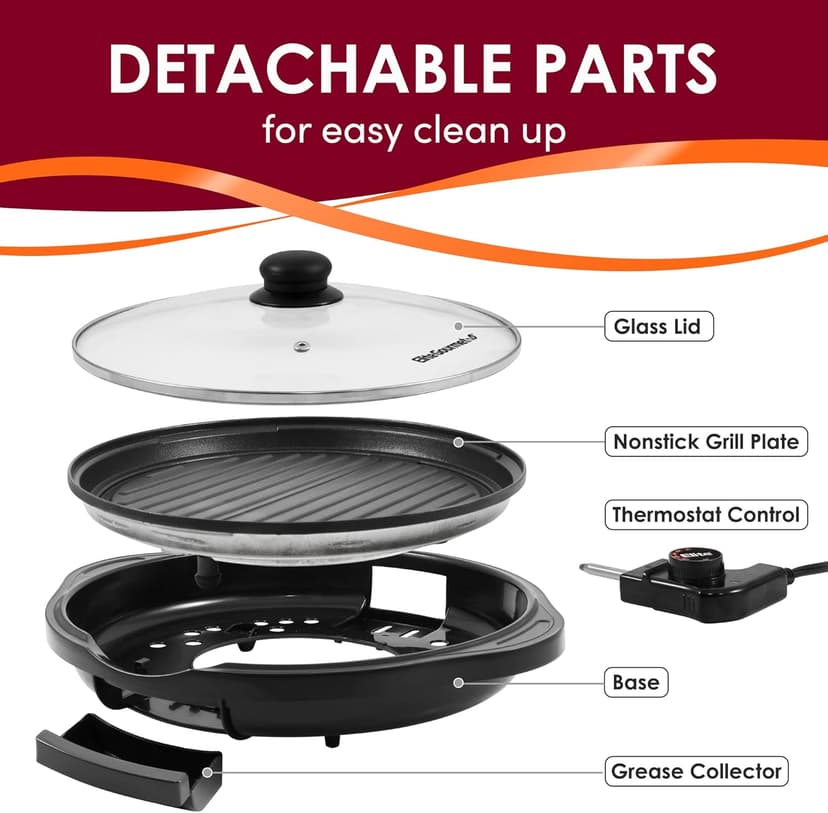 Elite Gourmet EMG1100 11" Electric Indoor Nonstick Grill Dishwasher Safe, Cool Touch, Fast Heat Up Ideal Low-Fat Meals, Includes Tempered Glass Lid, Black