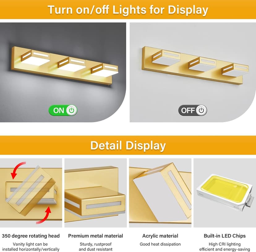 LED Modern Bathroom Vanity Light Fixtures (3-Light, 24-Inch), Acrylic Gold Bathroom Wall Lighting Fixtures Over Mirror (Cool White 6000K) with Rotatable Vanity Lights Heads