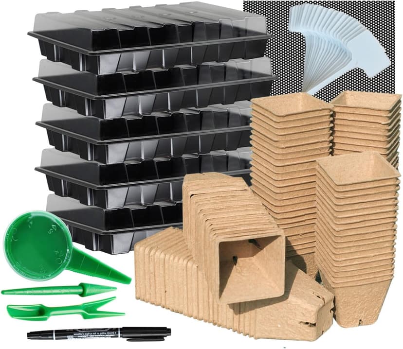 Seed Starter Kit with 100 Peat Pots for Seedlings Seed Starter Tray, 5 Plastic Growing Trays with Water Strainer & 20 Plant Labels Outdoor or Indoor Herb Garden Nursery