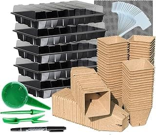 Seed Starter Kit with 100 Peat Pots for Seedlings Seed Starter Tray, 5 Plastic Growing Trays with Water Strainer & 20 Plant Labels Outdoor or Indoor Herb Garden Nursery