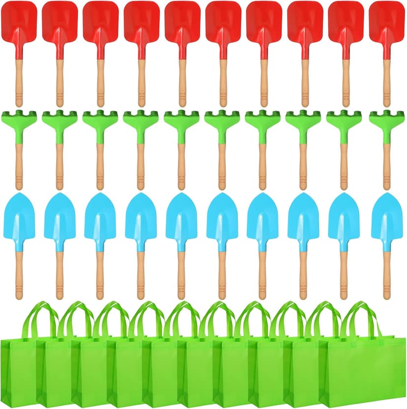 Liliful 40 Pcs Kids Gardening Tools 10 Garden Rake 10 Garden Shovel 10 Garden Trowel 10 Green Tote Bags Metal Garden Tools with Wooden Handle Beach Sandbox Toy for Planting Loosening Digging