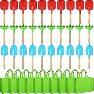 Liliful 40 Pcs Kids Gardening Tools 10 Garden Rake 10 Garden Shovel 10 Garden Trowel 10 Green Tote Bags Metal Garden Tools with Wooden Handle Beach Sandbox Toy for Planting Loosening Digging