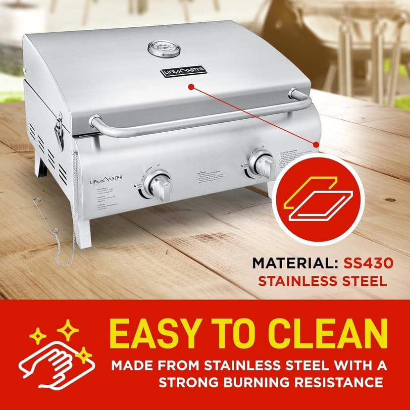 Portable Stainless Steel Gas Grill - 2 Burners Easy Clean Tabletop BBQ Propane Gas Grill with Foldable Legs and Wind Proof Lid for Camping and Outdoor - Silver
