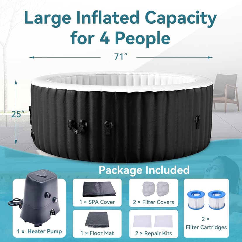 2-4 Person Inflatable Hot Tub, Round Portable Blow up Hot Tub, Leak-Proof PVC Outdoor Spa with 120 Air Jets, Insulated Cover & Heater Pump, 71” X 71” X 25”
