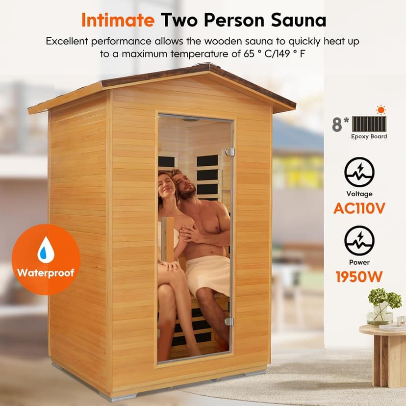 Outdoor Sauna 2 Person Far Infrared Saunas Dry Home Sauna Room Hemlock 1 to 2 Person Wood Sauna 1950W/110V Low EMF with Bluetooth Speaker, Reading Light, Cup Holder and Towel Rack - 47*39*82 IN