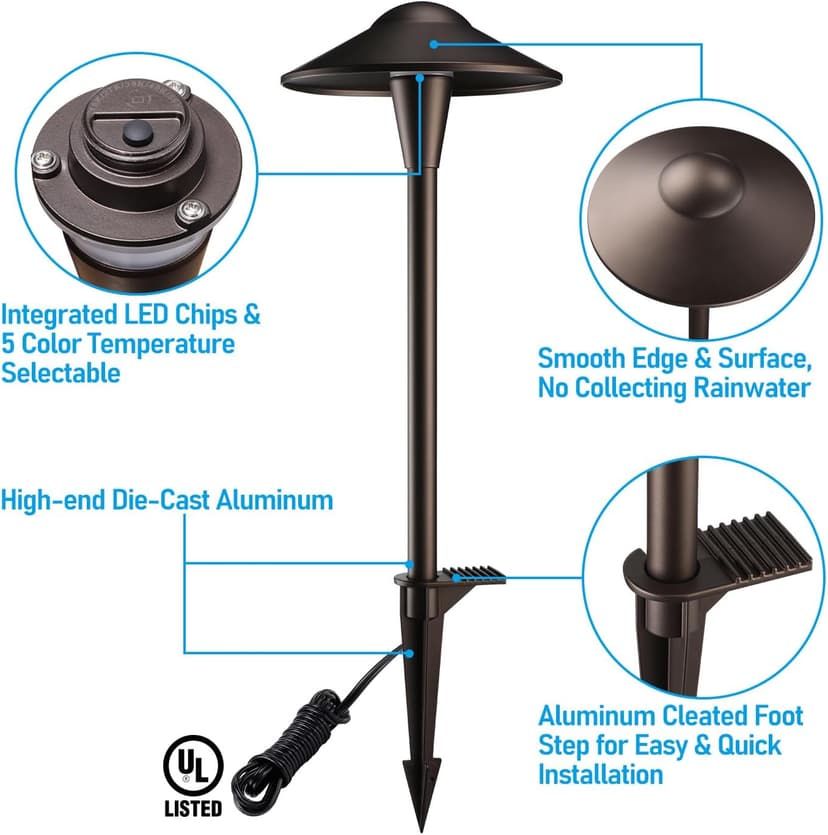 LEONLITE 5CCT Low Voltage Pathway Lights, LED Landscape Path Lights, 1800/2700/3000/4000/5000K, Saucer Head, 12-24V AC/DC, IP65 Outdoor Walkway Light, Oil Rubbed Bronze Aluminum, Pack of 6