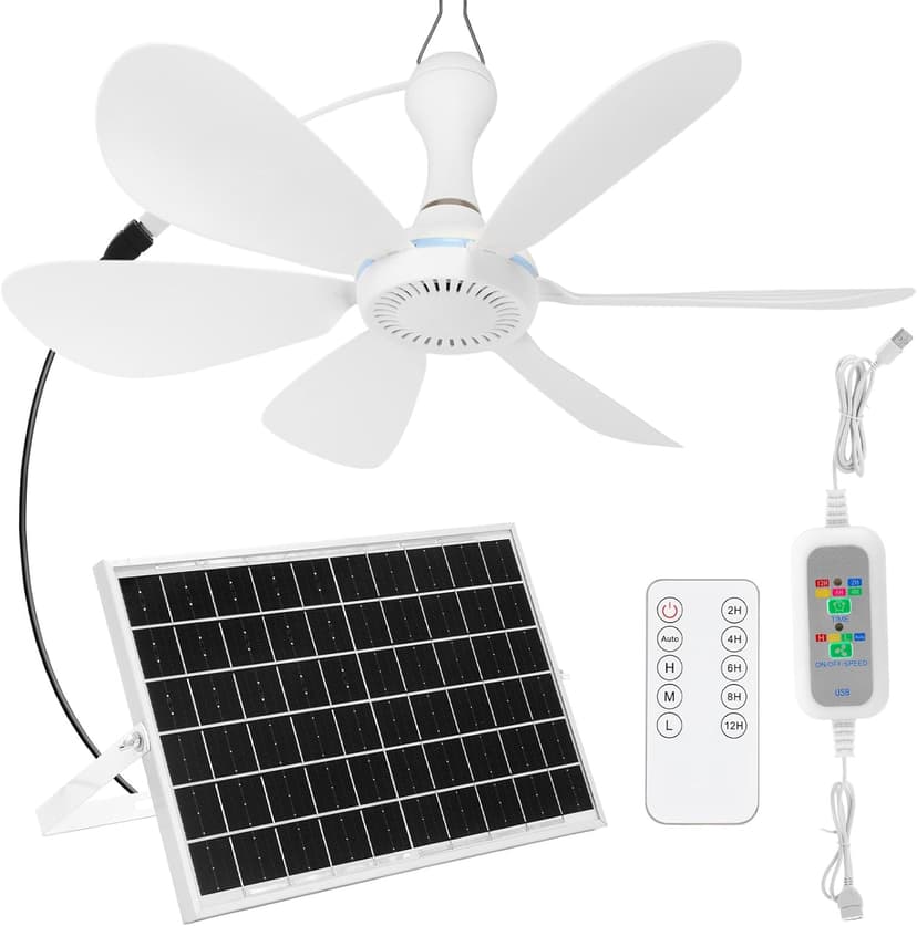 Solar Ceiling Fan Kit 16.5'', 15w Monocrystalline Solar Panel USB Hanging Ceiling Fan with Remote Control Timing Small Panel Kit for Patio Camping Tent Chicken Coop Greenhouse Shed