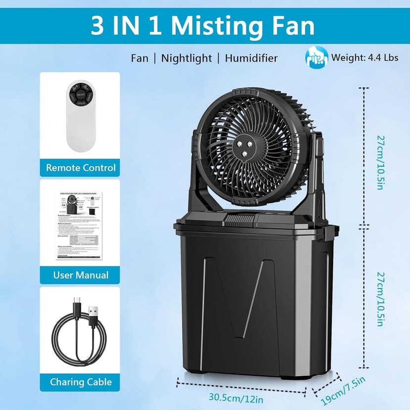 GHORA Portable Misting Fan with Remote,Camping Fan with 20000mAh Rechargeable Battery,9L Water Tank,4 Speed Levels,4 Spray Modes,RGB Lights for Fishing,Travel,Garden Parties,Outdoor Indoor Cooling