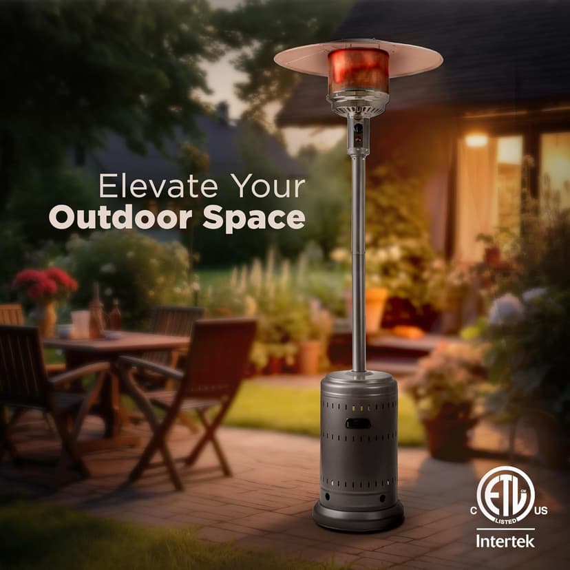 Amazon Basics 46,000 BTU Outdoor Propane Patio Heater with Wheels, Commercial & Residential, Slate Gray, with water tank, 32.1 x 32.1 x 91.3 inches (LxWxH)