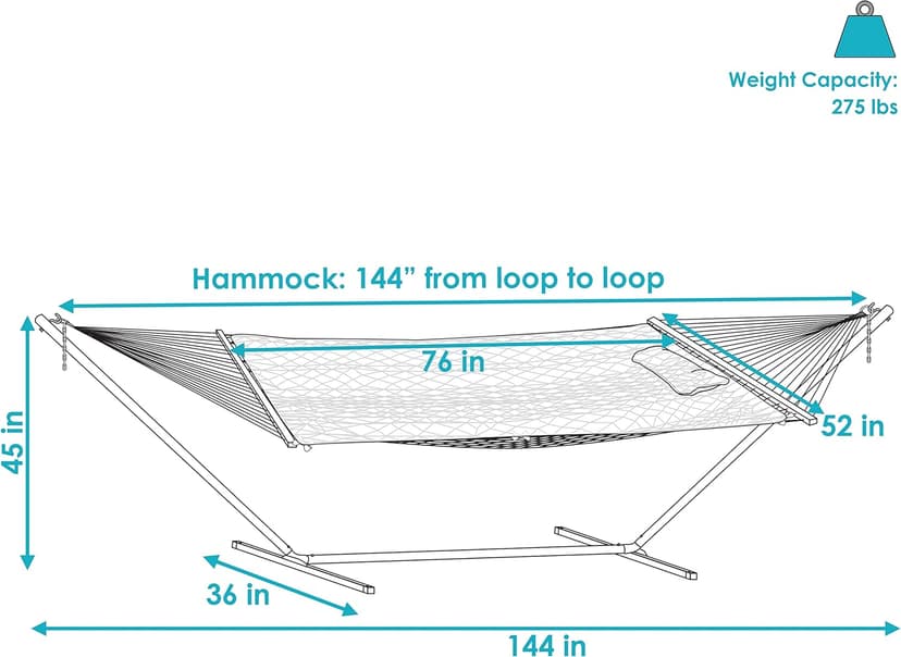 Sunnydaze Rope Hammock with Stand Combo - 275-Pound Capacity - Includes 12-Foot Hammock Stand, Spreader Bar, Pad, and Pillow - Modern Lines