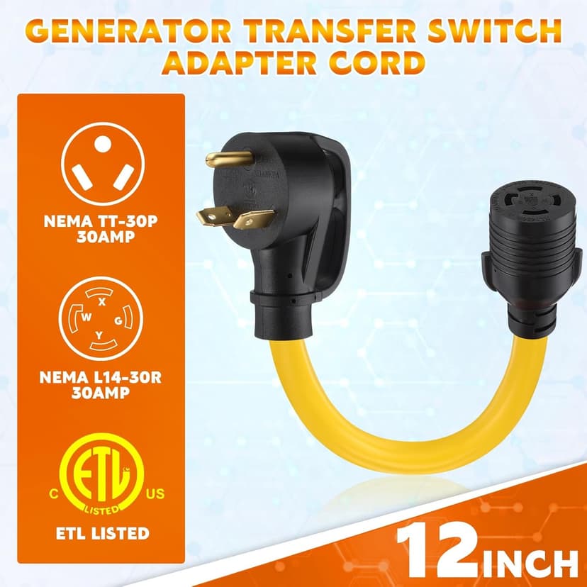 NEMA TT-30P to L14-30R Generator Adapter Cord, Generator Transfer Switch, Generator House Inlet Box Adapter, 30Amp 3Prong Male 4Prong Locking Female Generator Cord, 10 AWG, 1FT, ETL Listed