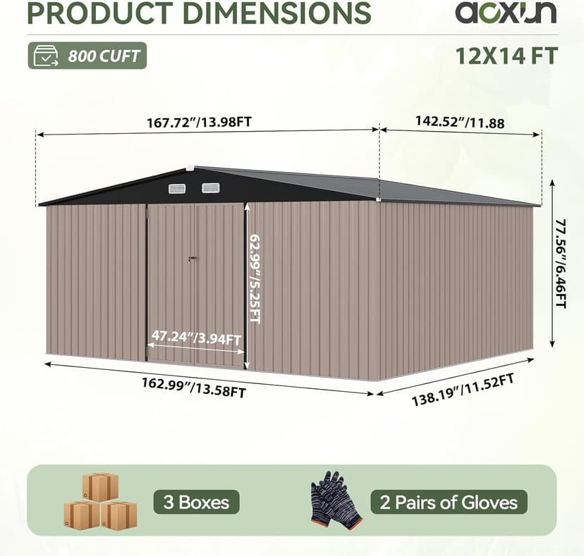 Aoxun 14x12 FT Shed Outdoor Storage Shed 800CUFT, Steel Utility Tool Shed Storage House with Door & Lock, Metal Sheds Outdoor Storage for Garden Patio Lawn Poolside, Brown