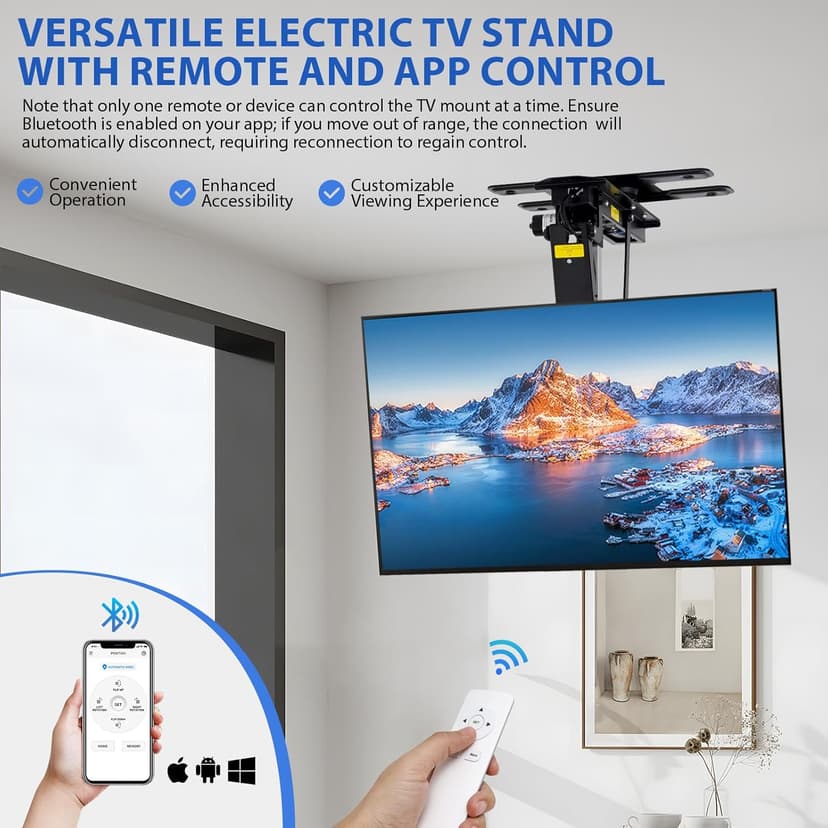 TOPSKY Electric Adjustable Flip Down Swiveling TV Mount with Remote and App Controller, Large Motorized Ceiling Mount for 32 to 75 Inch Flat and Curved Screen TVs (Black)