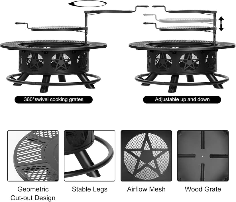 42 Inch Fire Pit with 2 Grills, Extra Large Wood Burning Fire Pits for Outside with Lid & Poker, Heavy Duty Firepit,BBQ& Outdoor Fire Pit & Round Metal Table 3 in 1 for Patio, Picnic, Party