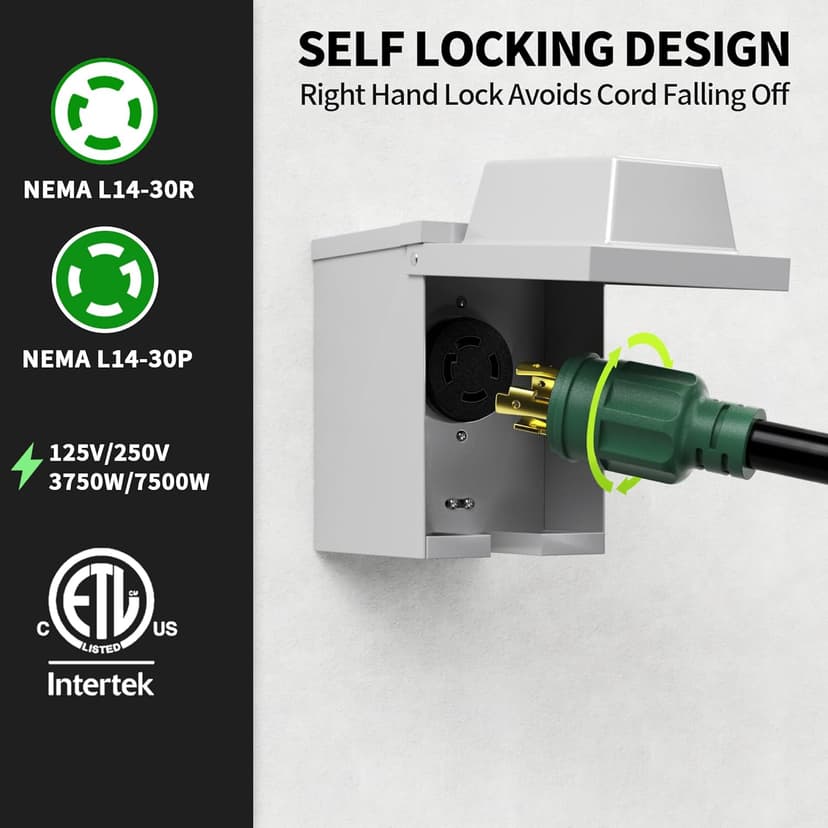 50 FT 30 Amp Generator Extension Cord 4 Prong, Heavy Duty NEMA L14-30P to NEMA L14-30R, 125/250V 7500W, Green 10 Gauge STW Twist Locking House Power Cord, 50 Feet Generator Cable