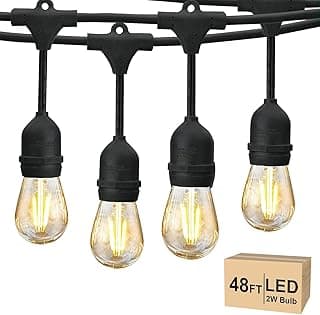 Svater 48 FT Outdoor String Lights 2W, Commercial Grade Patio Light with 15 pc Edison Shatterproof Bulbs, IP65 Waterproof LED Hanging Lighting for Bistro Cafe Market Outside Backyard, Warm White 2700K