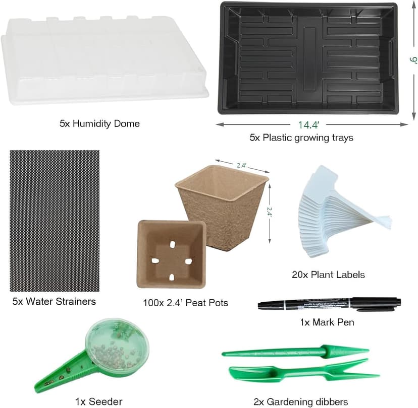 Seed Starter Kit with 100 Peat Pots for Seedlings Seed Starter Tray, 5 Plastic Growing Trays with Water Strainer & 20 Plant Labels Outdoor or Indoor Herb Garden Nursery