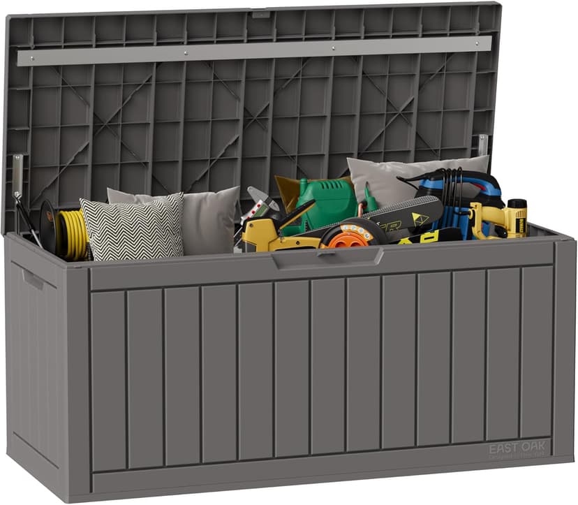 EAST OAK Outdoor Storage Box, 90 Gallon Deck Box, Waterproof Resin Storage Bin for Patio Cushions, Gardening Tools, Lockable, UV Resistant, Grey