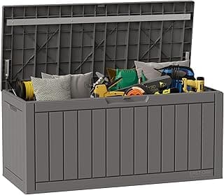 EAST OAK Outdoor Storage Box, 90 Gallon Deck Box, Waterproof Resin Storage Bin for Patio Cushions, Gardening Tools, Lockable, UV Resistant, Grey