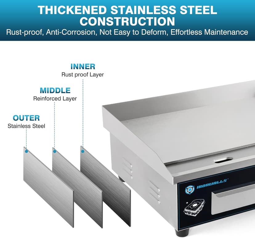 IRONWALLS Commercial Griddle Electric 22”, 3000W Electric Flat Top Grill, Stainless Steel Countertop Electric Griddle Nonstick with 122~572℉Adjustable Temperature Control for Restaurant Kitchen