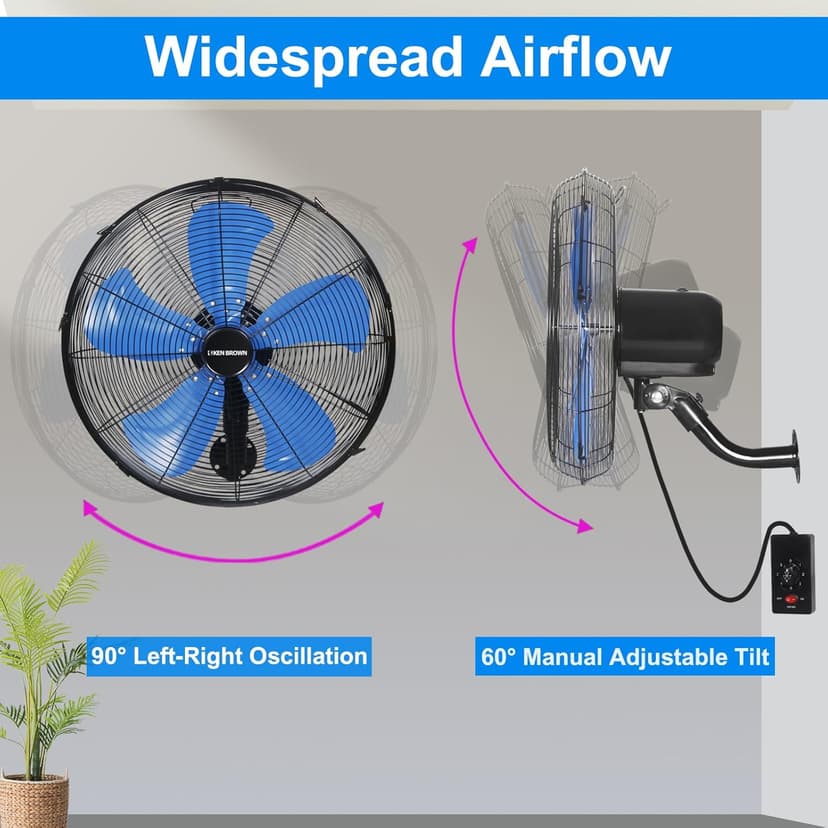 KEN BROWN 18 Inch 3-Speed High Velocity Industrial Oscillating Fan, Wall Mount Fan with Max. 4200 CFM, Seperated Switch and 5 Blades, Heavy Duty Metal for Household/Patio/Workshop, Blue