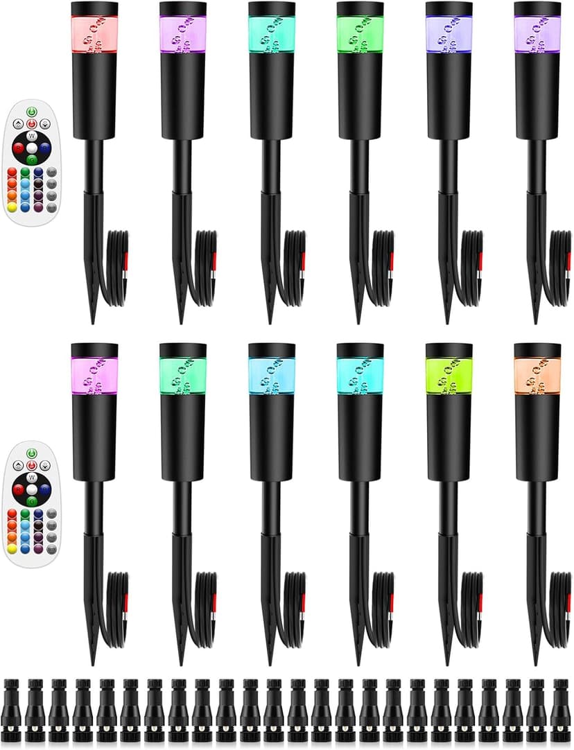5W RGBW Low Voltage Landscape Pathway Lights with Connectors 12V Outdoor Color Changing Landscape Lighting LED Bollard Path Lights Wired Waterproof Walkway Light for Garden Yard (12 Pack)