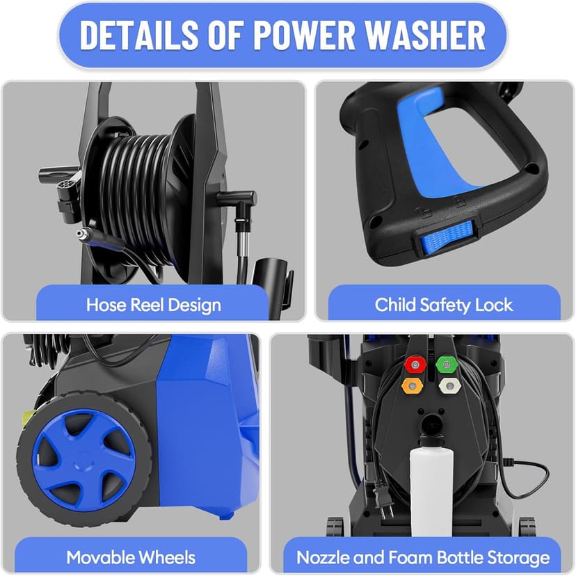 Electric Pressure Washer - 5000PSImax 3.2GPM ZHUOLIN Power Washer for Cars Washing with 25FT Pressure Hose, Blue