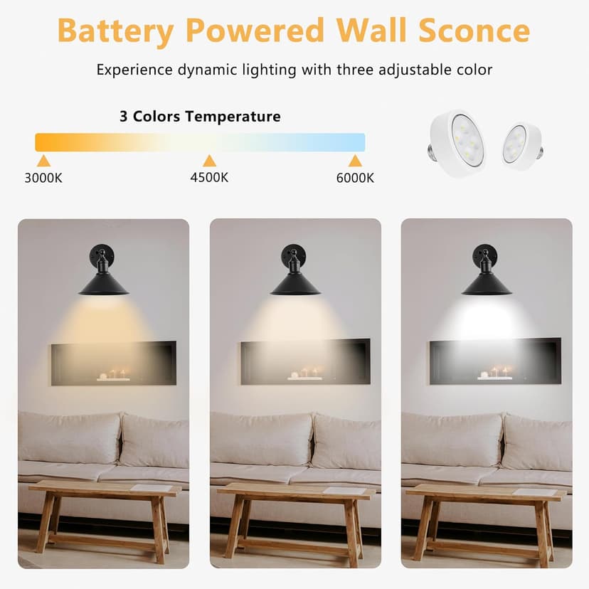 Vintage Black Wireless Battery Operated Wall Sconces, Cordless LED Wall Lights Set of 2 with Remote Control, for Bedroom, Farmhouse, Gallery - Easy Setup, Adjustable Brightness, Long-Lasting Battery