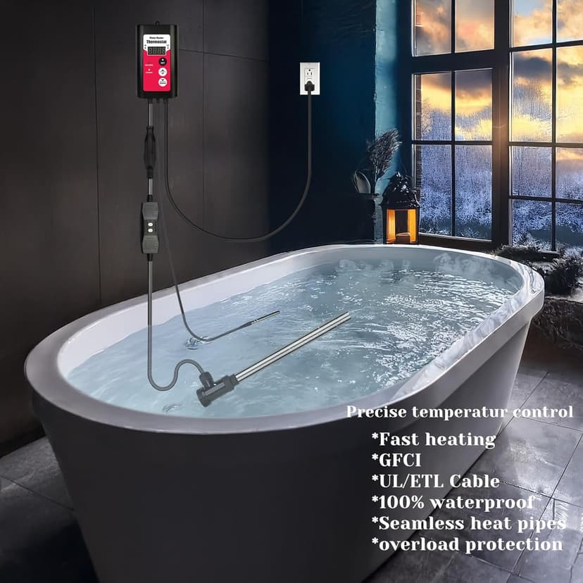 1800W Immersion Water Heater Portable Electric Hot Tub & Pool Fully Submersible Water Heater with Thermostat, GFCI Leakage Protection for Bathtub, Buckets, Swimming Pool, Baptistry, Pools