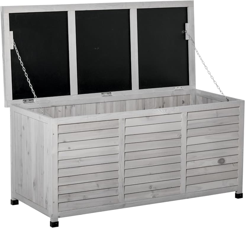Outsunny 75 Gallon Wooden Deck Box, Outdoor Storage Container with Aerating Gap & Weather-Fighting Finish, Grey
