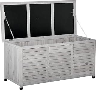 Outsunny 75 Gallon Wooden Deck Box, Outdoor Storage Container with Aerating Gap & Weather-Fighting Finish, Grey