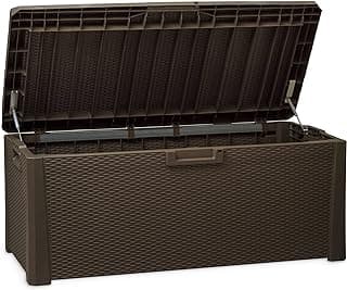 Toomax Santorini Plus Large Storage Capacity Lockable Deck Storage Box Bench with Built In Cushion Seats and Easy Opening Lid, Brown