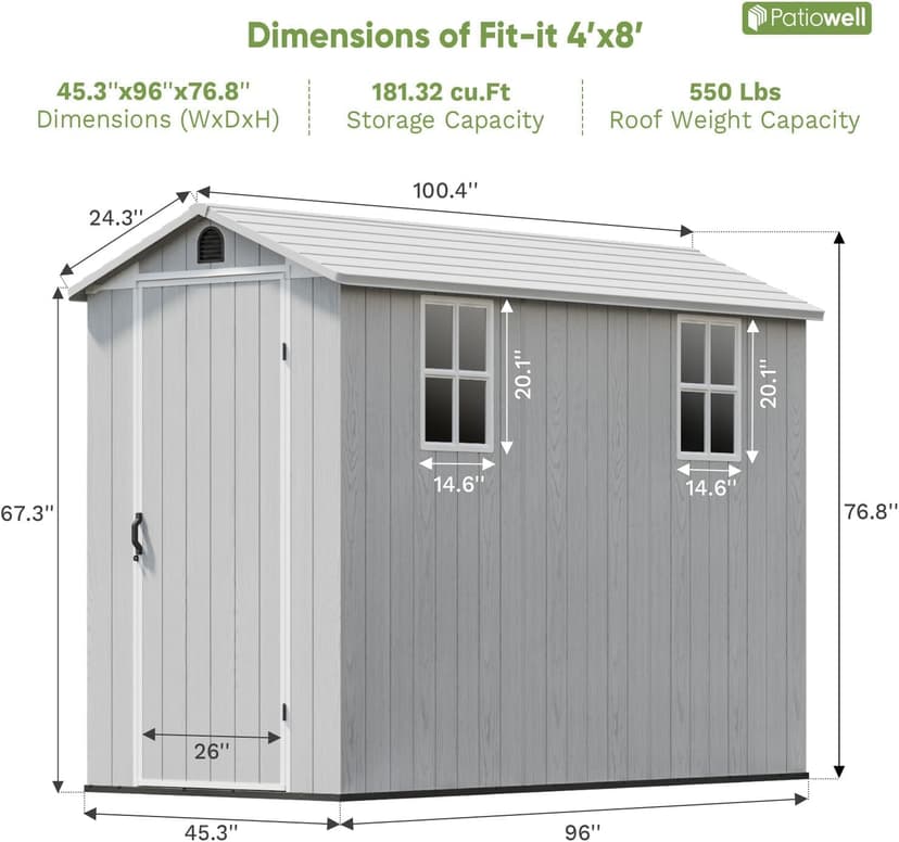 Patiowell 4' x 8' Outdoor Storage Shed with Floor, Plastic Shed Outside Resin Tool Shed with Two Windows and Lockable Door for Backyard Garden Patio Lawn, White (Fit-it Shed)