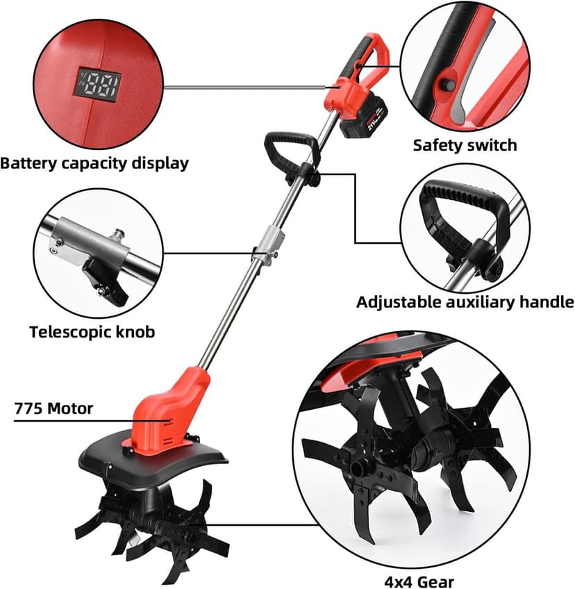 21v Cordless Tiller Cultivator, 300 RPM Tiller Has Battery Capacity Display with 4.0 Ah Battery, 11 in Tilling Width, 8 in Depth Rototiller for Lawn/Gardening/Soil Cultivation by MKMKYEE